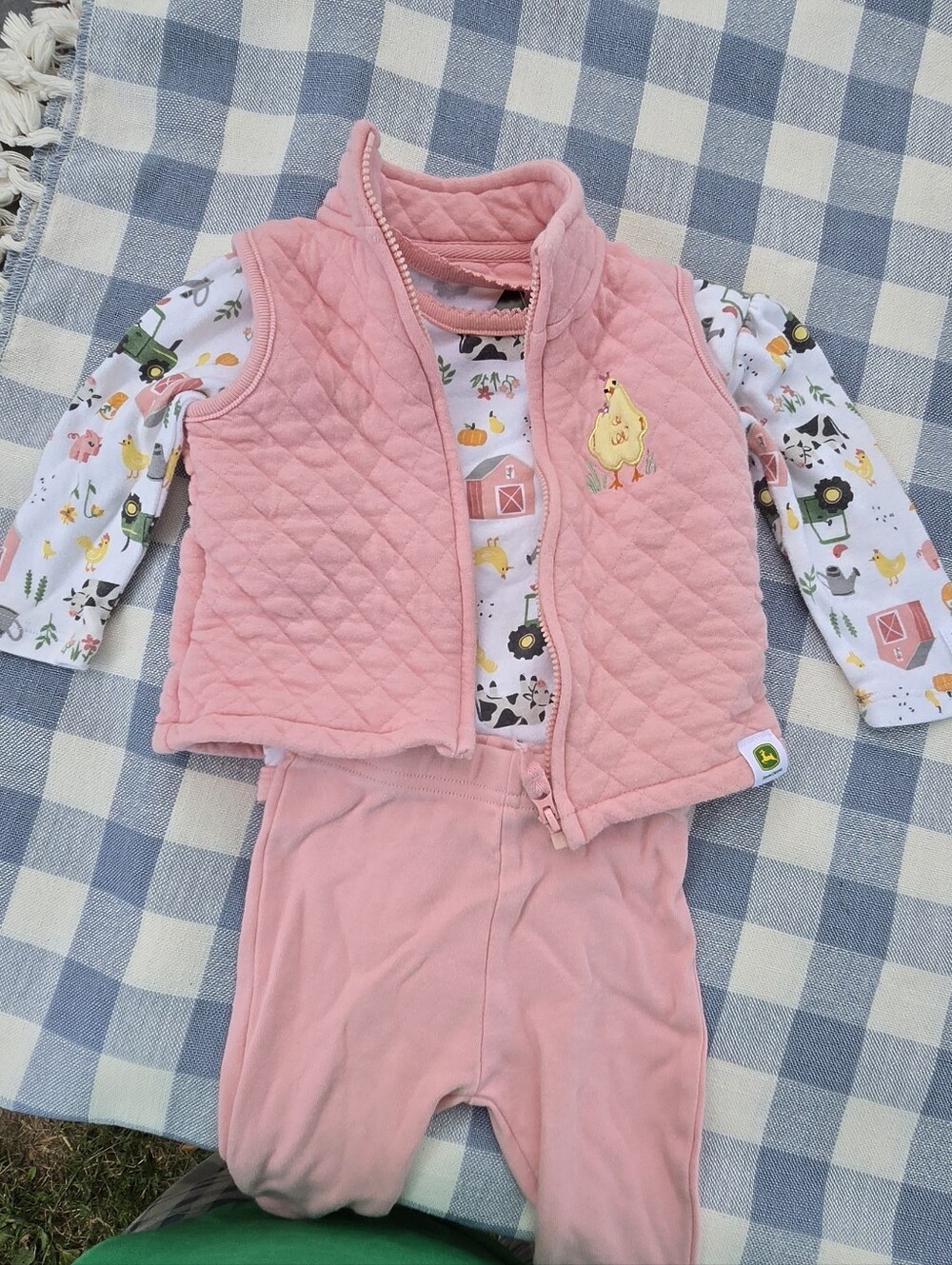 John Deere Pink Quilted Vest and Farm-Print 3 Pc. Outfit, Chicken Butt, 3/6 Mos